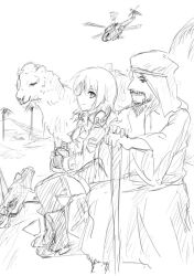 Rule 34 | 1boy, 1girl, age difference, aircraft, arabian, arabian clothes, bad id, bad pixiv id, beard, boots, camel, canteen, city, dakku (ogitsune), damaged, desert, facial hair, gloves, greyscale, headset, helicopter, jerry can, military, military vehicle, monochrome, soldier, strike witches, strike witches 1991, striker unit, tree, uniform, vehicle, cane, world witches series