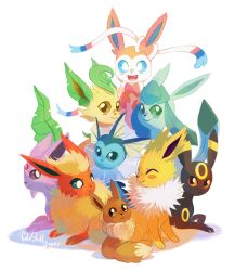 Rule 34 | absurdres, animal focus, black eyes, blonde hair, blue eyes, blue sclera, blush, bow, brown eyes, closed eyes, closed mouth, colored sclera, creatures (company), cuteskitty, dated, eevee, espeon, evolutionary line, fang, fins, flareon, forehead jewel, game freak, gen 1 pokemon, gen 2 pokemon, gen 4 pokemon, gen 6 pokemon, glaceon, highres, jolteon, leafeon, nintendo, no humans, open mouth, pokemon, pokemon (creature), purple eyes, purple sclera, red sclera, ribbon, sidelocks, signature, sitting, smile, sylveon, umbreon, vaporeon, white eyes