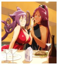 Rule 34 | 00s, 2girls, alternate costume, animal ears, blair (soul eater), bleach, breast tattoo, breasts, cat ears, cleavage, couple, crossover, gairon, high ponytail, indoors, large breasts, licking, licking lips, multiple girls, nail polish, ponytail, purple hair, shihouin yoruichi, soul eater, tail, tattoo, tongue, tongue out, yellow eyes, yuri