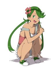 Rule 34 | 1girl, :d, absurdres, arm support, bare arms, bare legs, blush stickers, creatures (company), finger to mouth, flower, full body, game freak, green eyes, green hair, hair flower, hair ornament, heavy breathing, highres, index finger raised, jikatarou, long hair, looking at viewer, mallow (pokemon), nintendo, off shoulder, open mouth, overalls, pokemon, pokemon sm, red shirt, shirt, shoes, shushing, simple background, single bare shoulder, smile, solo, squatting, steam, sweat, twintails, white background