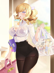 Rule 34 | 1girl, black skirt, blonde hair, blue eyes, bow, bra, breasts, bubble tea, bubble tea challenge, cleavage, commentary, curly hair, drinking straw, food, hair bow, highres, large breasts, long hair, one eye closed, orange sekaii, original, pantyhose, pocky, ponytail, purple bra, skirt, solo, sweat, underwear, wide hips