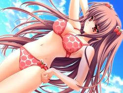 Rule 34 | 1girl, airi (quilt), bikini, blush, carnelian, day, food, food-themed hair ornament, fruit, game cg, hair ornament, long hair, navel, pink bikini, pink hair, polka dot, polka dot bikini, polka dot swimsuit, quilt, quilt (game), sky, solo, strawberry, strawberry hair ornament, swimsuit, two side up