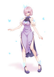 Rule 34 | 1girl, absurdres, alternate costume, bare shoulders, breasts, bug, butterfly, commentary request, fate/grand order, fate (series), hair over one eye, highres, insect, kotatsu kaya, large breasts, light purple hair, looking at viewer, mash kyrielight, open mouth, purple eyes, purple footwear, shoes, short hair, short sleeves, smile, solo