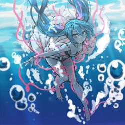 Rule 34 | 1girl, air bubble, bad id, bad pixiv id, barefoot, bent over, blue eyes, blue hair, blue theme, bubble, dress, floating hair, hatsune miku, long hair, looking at viewer, matching hair/eyes, mx2j, red ribbon, ribbon, smile, solo, submerged, twintails, underwater, vocaloid, water