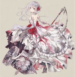 Rule 34 | 1girl, asymmetrical hair, dress, frills, from side, full body, grey background, grey eyes, grey hair, holding, looking at viewer, looking back, oro ponzu, simple background, sinoalice, snow white (sinoalice), solo, standing, white dress