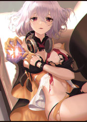 Rule 34 | 1girl, absurdres, bare shoulders, breasts, commentary, covering breasts, covering one breast, covering privates, girls&#039; frontline, gloves, headphones, highres, large breasts, looking at viewer, looking up, lying, navel, necktie, on back, parted lips, pink eyes, purple hair, short hair, solo, sunlight, thighhighs, thompson (girls&#039; frontline), torn clothes, torn necktie, xeonomi, yellow gloves