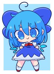 Rule 34 | 1girl, barefoot, blue background, blue bow, blue dress, blue eyes, blue hair, bow, breasts, chibi, cirno, collared shirt, dress, flat chest, full body, hair bow, highres, ice, ice wings, long dress, neck ribbon, op na yarou, pinafore dress, puffy short sleeves, puffy sleeves, red footwear, red ribbon, ribbon, shirt, shoes, short hair, short sleeves, sleeveless dress, small breasts, socks, solo, touhou, white shirt, white socks, wings