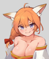 Rule 34 | 1girl, absurdres, animal ears, bare shoulders, blue eyes, blush, bow, breasts, cleavage, collarbone, eight-tailed fox nari, fox ears, fox girl, grey background, guardian tales, hair bow, highres, large breasts, looking at viewer, orange hair, red bow, red ribbon, ribbon, sliverdog, smile, solo, thick eyebrows, upper body