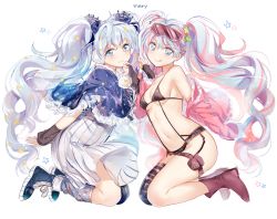 Rule 34 | 2girls, :q, bad id, bad pixiv id, bikini, blue eyes, blush, breasts, dress, fuyu no yoru miku, goggles, goggles on head, hatsune miku, kneeling, long hair, looking at viewer, mery (yangmalgage), multiple girls, navel, revealing clothes, shooting miku, silver hair, single thighhigh, smile, star-shaped pupils, star (symbol), swimsuit, symbol-shaped pupils, thighhighs, tongue, tongue out, twintails, very long hair, vocaloid, white background