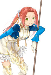 Rule 34 | 1girl, dress, eleanor hume, fingerless gloves, gloves, green eyes, long hair, maodaisuke, pink hair, polearm, simple background, solo, spear, tales of (series), tales of berseria, thighhighs, twintails, weapon, white background