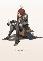 Rule 34 | 1girl, absurdres, animal, animal on head, arm support, armor, armored boots, armored dress, artist name, beige background, bird, bird on hand, bird on head, boots, braid, brown eyes, brown gloves, brown hair, character name, dated, dove, full body, gloves, gradient background, highres, karen wood, knees together feet apart, long hair, looking at another, on head, pauldrons, pixiv fantasia, pixiv fantasia t, pouch, red hair, scale armor, shoulder armor, single braid, sitting, skirt, solo, swept bangs, thigh boots, thighhighs, thighs, virus76