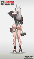 Rule 34 | 1girl, absurdres, adjusting hair, alternate costume, arknights, arm up, ass, black footwear, black leotard, black socks, blood, blood on leg, bloody weapon, body writing, character name, crop top, english text, from behind, full body, grey hair, hammer, highres, holding, holding hammer, holding weapon, horns, kneehighs, leotard, long hair, long sleeves, mudrock (arknights), pouch, shoes, single bare shoulder, sneakers, socks, solo, standing, thigh pouch, thigh strap, weapon, yat (tsmn7245)