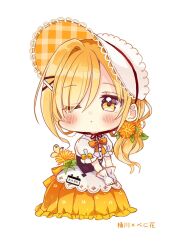 Rule 34 | 1girl, ;o, animal, blonde hair, blush, bonnet, bow, bug, butterfly, character request, chibi, flower, frilled skirt, frills, full body, gloves, hair flower, hair ornament, hair over one eye, hairclip, highres, insect, long hair, looking at viewer, one eye closed, orange bow, orange flower, orange skirt, parted lips, pleated skirt, puffy short sleeves, puffy sleeves, sakura oriko, shirt, short sleeves, simple background, single hair intake, skirt, solo, takasaki-sen meguri, translation request, white background, white gloves, white headwear, white shirt, x hair ornament