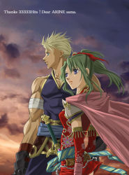 Rule 34 | 1990s (style), 1boy, 1girl, armor, bandages, belt, blonde hair, blue eyes, cape, character request, cloud, detached sleeves, evening, final fantasy, final fantasy vi, green hair, hair ribbon, long hair, sabin rene figaro, mico3, milestone celebration, parted lips, profile, retro artstyle, ribbon, sky, sleeveless, sunset, sword, thank you, thank you, tina branford, twilight, unmoving pattern, weapon, wind