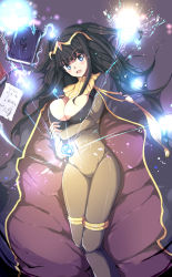 Rule 34 | 1girl, bad id, bad pixiv id, black hair, blue eyes, bodysuit, book, breasts, cape, cleavage, covered navel, echizen (hvcv), fire emblem, fire emblem awakening, highres, large breasts, long hair, looking at viewer, nintendo, pages, smile, solo, tharja (fire emblem)