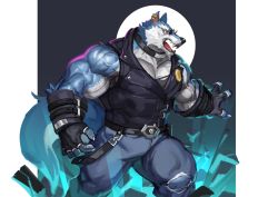 Rule 34 | 1boy, abs, absurdres, bara, biceps, breaking, collar, denim, dislyte, ear piercing, earrings, fangs, feet out of frame, fingerless gloves, freddy (fenrir) (dislyte), furry, furry male, gauntlets, gloves, highres, jacket, jeans, jewelry, large pectorals, leather, leather belt, leather jacket, looking at viewer, male focus, manly, mature male, muscular, muscular male, open mouth, pants, pectorals, piercing, rock, simple background, sleeveless, solo, sunglasses, teeth, thick arms, thick eyebrows, thick thighs, thighs, tongue, torn clothes, traver009, veins, veiny arms, wolf boy