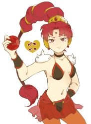 Rule 34 | amazoness quartet, armor, ball, bikini, bikini armor, bishoujo senshi sailor moon, black bikini, breasts, character name, choker, cuffs, ear covers, earrings, forehead jewel, hand on own hip, heart, holding, holding ball, jewelry, leggings, miniskirt, multi-tied hair, nail polish, navel, parted bangs, pauldrons, ponytail, red eyes, red hair, red leggings, see-through, see-through skirt, shoulder armor, simple background, skirt, small breasts, smirk, solo, swimsuit, tin pa78, vesves (sailor moon), white background