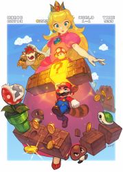 Rule 34 | 1girl, 2boys, ?, animal ears, armlet, black eyes, blonde hair, blue eyes, bowser, bracelet, brick, brown footwear, castle, cloud, coin, crown, day, elbow gloves, facial hair, flag, gameplay mechanics, gem, gloves, glowing, goomba, hat, highres, holding, industrial pipe, jewelry, jumping, leaf, lipstick, long hair, makeup, mario, mario (series), morry, multiple boys, mushroom, mustache, nintendo, open mouth, parted lips, pink lips, piranha plant, princess peach, raccoon mario, red eyes, red footwear, red hair, red hat, shell, shoes, signature, smile, sparkle, spiked armlet, spiked bracelet, spikes, super mario 3d world, super mario bros. 1, super mario bros. 3, tail, teeth, white gloves