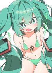 Rule 34 | 1girl, absurdres, aqua eyes, aqua hair, bikini, blush, breasts, bright pupils, cleavage, commentary request, from above, green bikini, hatsune miku, highres, long hair, looking at viewer, open mouth, simple background, small breasts, solo, swimsuit, thick thighs, thighs, translation request, twintails, uruti 2388, very long hair, vocaloid, white background, wide hips