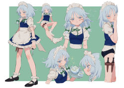 Rule 34 | 1girl, apron, black footwear, blood, blood on face, blue hair, blue nails, blush, bolero (bo le ro66), border, bow, braid, closed mouth, cup, fingernails, frilled apron, frills, green bow, green ribbon, grey border, highres, holding, holding knife, holding tray, holding weapon, injury, izayoi sakuya, knife, light blue hair, light blue nails, long hair, looking at viewer, maid, maid headdress, multiple views, nail polish, no pants, no shoes, parted lips, profile, ribbon, scabbard, sheath, socks, sparkle, standing, teacup, teapot, thigh strap, touhou, tray, triangle mouth, unsheathed, weapon