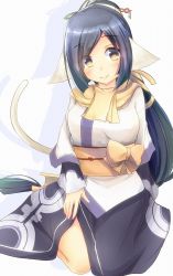 Rule 34 | 1girl, absurdly long hair, ainu clothes, animal ears, aquaplus, black hair, blush, breasts, cat tail, closed mouth, dress, eyes visible through hair, hair ornament, hair over one eye, hand on own thigh, head tilt, high ponytail, highres, kneeling, kuon (utawarerumono), large breasts, layered sleeves, long hair, long sleeves, looking at viewer, low-tied long hair, multicolored eyes, orange eyes, orange sash, ponytail, raised eyebrows, sash, scarf, side slit, sidelocks, smile, solo, swept bangs, tail, thighs, utawarerumono, utawarerumono: itsuwari no kamen, very long hair, white tail, wide sleeves, yellow eyes, yellow scarf, zarashi