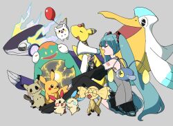 Rule 34 | 1girl, air balloon (pokemon), ampharos, balloon, bellibolt, black footwear, black skirt, black sleeves, blue hair, blue nails, boots, cheek-to-cheek, cheek press, chinchou, closed mouth, collared shirt, commentary, creatures (company), denki yohou (vocaloid), detached sleeves, floating, from side, full body, game freak, gen 1 pokemon, gen 2 pokemon, gen 3 pokemon, gen 6 pokemon, gen 7 pokemon, grey background, grey shirt, hair ornament, hand up, hatsune miku, heads together, helioptile, highres, holding, holding megaphone, megaphone, mimikyu, miniskirt, minun, miraidon, morise (morise ), nintendo, number tattoo, open mouth, pelipper, pikachu, plusle, pokemon, pokemon (creature), profile, project voltage, raised eyebrows, shirt, shoulder tattoo, simple background, sitting, skirt, sleeveless, sleeveless shirt, smile, solo, tattoo, thigh boots, togedemaru, twintails, vocaloid