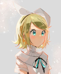 Rule 34 | 1girl, absurdres, aqua eyes, blonde hair, blush, bow, collar, commentary, dress, expressionless, from side, hair bow, highres, kagamine rin, light blush, miku symphony (vocaloid), note55885, ribbon, short hair, short sleeves, solo, sparkle, swept bangs, upper body, vocaloid, white bow, white collar, white dress