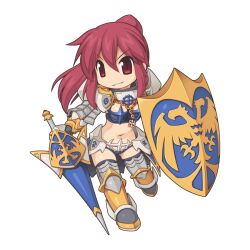 1girl armor armored_boots bikini_armor black_thighhighs boots breasts chibi chibi_only cross cross_of_prontera full_body gauntlets grin hair_between_eyes high_ponytail holding holding_polearm holding_shield holding_weapon lance leg_armor long_hair looking_at_viewer medium_breasts navel official_art pauldrons polearm ragnarok_online red_eyes red_hair royal_guard_(ragnarok_online) shield shoulder_armor simple_background smile solo thighhighs transparent_background two-headed_eagle v-shaped_eyebrows weapon yuichirou