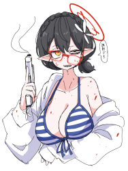 Rule 34 | 1girl, absurdres, arm under breasts, ayane (blue archive), ayane (swimsuit) (blue archive), bikini, black eyes, black hair, blood, blood on face, blue archive, breasts, cleavage, crooked eyewear, dr yamero, glasses, gun, hair ornament, halo, highres, holding, holding gun, holding weapon, jacket, large breasts, looking at viewer, low ponytail, off shoulder, official alternate costume, open clothes, open jacket, orange eyes, pointy ears, red-framed eyewear, short hair, short ponytail, simple background, solo, speech bubble, striped bikini, striped clothes, swimsuit, translation request, upper body, weapon, white background, white jacket