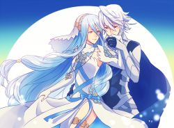 Rule 34 | 1boy, 1girl, armor, azura (fire emblem), blue cape, blue hair, blue ribbon, breasts, cape, closed eyes, corrin (fire emblem), corrin (male) (fire emblem), couple, dancer, dancing, detached sleeves, dress, elbow gloves, fire emblem, fire emblem fates, gloves, half gloves, hallo-byby, hand on another&#039;s hip, hetero, holding, holding hands, image sample, jewelry, light particles, lips, long hair, moon, nintendo, panties, pendant, pixiv sample, pointy ears, red eyes, ribbon, short hair, sidelocks, strapless, strapless dress, sunset, thigh strap, underwear, veil, very long hair, white dress, white hair, white panties, yellow eyes