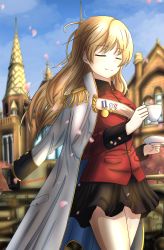 Rule 34 | 1girl, alternate hairstyle, award ribbon, blurry, blurry background, building, coat, coat on shoulders, commentary, cup, darjeeling (girls und panzer), day, epaulettes, closed eyes, facing viewer, girls und panzer, girls und panzer senshadou daisakusen!, hair down, highres, jacket, long hair, long sleeves, military, military uniform, outdoors, petals, pleated skirt, redbaron, sash, saucer, skirt, solo, st. gloriana&#039;s military uniform, standing, teacup, uniform, wind