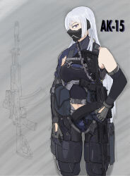Rule 34 | 1girl, absurdres, ak-15, ak-15 (girls&#039; frontline), armor, assault rifle, breasts, character name, commentary, commentary request, cowboy shot, girls&#039; frontline, gun, gun sling, highres, holding, holding gun, holding weapon, kalashnikov rifle, long hair, looking at viewer, mask, mouth mask, plate armor, pouch, purple eyes, red pupils, rifle, solo, tactical clothes, taiyoxxx, weapon, weapon name, white hair