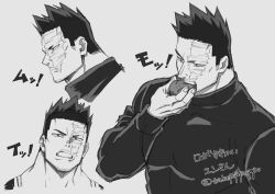 Rule 34 | 1boy, beard, black sweater, boku no hero academia, collage, eating, endeavor (boku no hero academia), expressions, facial hair, greyscale, male focus, mature male, monochrome, muscular, muscular male, pectorals, popo take, portrait, scar, scar across eye, scar on face, short hair, sideburns, spiked hair, stubble, sweater
