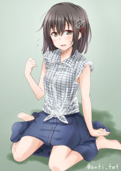 Rule 34 | 10s, 1girl, anti (untea9), arm support, barefoot, black hair, blush, brown eyes, casual, flying sweatdrops, gradient background, green background, haguro (kancolle), hair ornament, highres, kantai collection, looking at viewer, open mouth, plaid, plaid shirt, shirt, short hair, simple background, sitting, skirt, sleeveless, solo, sweatdrop, tied shirt, twitter username, wariza