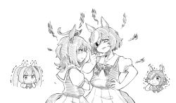 Rule 34 | 4girls, agnes tachyon (umamusume), ahoge, angry, animal ears, berusuke (beru no su), bow, bowtie, commentary request, crossed arms, daiwa scarlet (umamusume), ear ornament, earrings, eyepatch, furious, greyscale, hair bow, hair intakes, hair over one eye, hand on own hip, horse ears, horse girl, horse tail, huge ahoge, jewelry, low ponytail, medium hair, messy hair, monochrome, multiple girls, open mouth, partial commentary, pleated skirt, sailor collar, sailor shirt, school uniform, shirt, short hair, single earring, skirt, stare down, summer uniform, tail, tanino gimlet (umamusume), tiara, tracen school uniform, trembling, twintails, umamusume, vodka (umamusume)