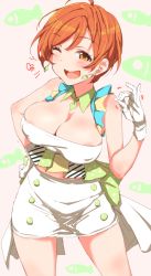 Rule 34 | 1girl, ;d, ahoge, areola slip, bare shoulders, breasts, brown eyes, clearite, cleavage, covered erect nipples, earrings, gloves, hand on own hip, harumi sawara, highres, jewelry, large breasts, looking at viewer, midriff, navel, ok sign, one eye closed, open mouth, orange hair, short hair, skirt, smile, solo, tokyo 7th sisters