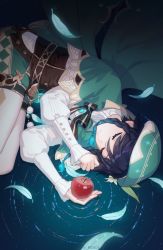 Rule 34 | 1boy, androgynous, apple, aqua hair, artist name, bard, beret, black bow, black bowtie, black hair, blue hair, blush, bow, bowtie, braid, brown corset, buttons, cape, closed eyes, closed mouth, collared cape, corset, eyelashes, feathers, flower, food, frilled shirt, frilled sleeves, frills, fruit, gem, genshin impact, glint, gradient hair, green cape, green hat, green shorts, hair between eyes, hands up, hat, hat flower, highres, holding, holding food, holding fruit, long sleeves, lying, male focus, medium hair, multicolored hair, on side, pantyhose, puffy shorts, rj (lingshih10), shirt, short hair with long locks, short shorts, shorts, side braids, sidelocks, sleeping, smile, solo, striped bow, striped bowtie, striped clothes, twin braids, twitter username, venti (genshin impact), vision (genshin impact), water, white flower, white pantyhose, white shirt