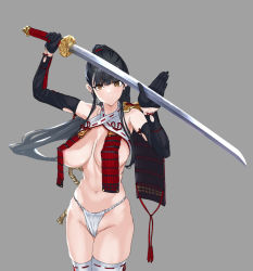 Rule 34 | 1girl, armor, bare hips, black gloves, black hair, breast curtains, breasts, detached sleeves, facing viewer, fighting stance, fundoshi, gloves, grey background, hime cut, holding, holding sword, holding weapon, japanese clothes, katana, large breasts, long hair, looking at viewer, navel, no bra, original, pauldrons, ponytail, q (ed69), rope, sagging breasts, samurai, shoulder armor, simple background, solo, standing, sword, thighhighs, very long hair, weapon, yellow eyes