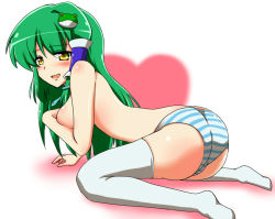 Rule 34 | 1girl, ass, blush, breasts, covering breasts, covering privates, female focus, frog, green hair, hair tubes, heart, kamelie, kochiya sanae, long hair, panties, panties only, smile, snake, solo, striped clothes, striped panties, thighhighs, topless, touhou, underwear, underwear only, white thighhighs, yellow eyes