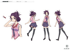 Rule 34 | 1girl, anime coloring, bakemonogatari, bangs pinned back, blouse, character sheet, collared shirt, full body, highres, monogatari (series), multiple views, official art, pink shirt, production art, scan, shirt, simple background, sleeves rolled up, standing, thighhighs, white background, zip available