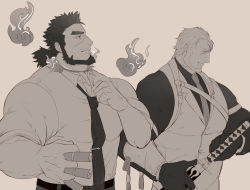 Rule 34 | 2boys, bad id, bad twitter id, bara, beard, character request, chest harness, collared shirt, facial hair, fighting stance, fire, formal, from side, greyscale, harness, hinokumo f, holding, holding sword, holding weapon, kresnik (housamo), large pectorals, male focus, mature male, monochrome, multiple boys, muscular, muscular male, necktie, necktie grab, neckwear grab, pectorals, sandayu (housamo), scar, scar across eye, scar on face, scar on nose, sheath, shirt, short hair, sleeves rolled up, sword, tokyo houkago summoners, undressing, unsheathing, upper body, weapon
