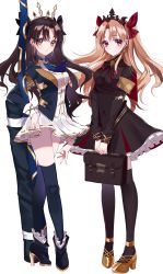 Rule 34 | ascot, bad id, bad twitter id, bag, blue ascot, blue jacket, blue legwear, blush, boots, briefcase, brown dress, brown hair, brown legwear, brown skirt, dress, dual persona, earrings, ereshkigal (fate), ereshkigal (third ascension) (fate), fate (series), full body, gold trim, hair between eyes, high heel boots, high heels, highres, holding, holding bag, hoop earrings, ishtar (fate), jacket, jewelry, light brown hair, long hair, long sleeves, looking at viewer, misumi (macaroni), parted bangs, pleated skirt, red eyes, school bag, school briefcase, shirt, siblings, simple background, sisters, skirt, standing, thighhighs, tiara, tohsaka rin, two side up, very long hair, white background, white shirt, white skirt