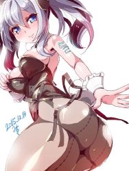 Rule 34 | 10s, 1girl, 2015, animal ears, ass, blue eyes, bow, bowtie, dated, detached collar, fake animal ears, kantai collection, kashima (kancolle), long hair, miuku (marine sapphire), pantyhose, playboy bunny, rabbit ears, rabbit tail, silver hair, solo, tail, twintails, wrist cuffs