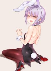 Rule 34 | 10s, 1girl, :d, animal ears, ass, bare shoulders, black pantyhose, blush, breasts, brown eyes, coattails, detached collar, fake animal ears, from behind, highres, idolmaster, idolmaster cinderella girls, koshimizu sachiko, leotard, looking at viewer, looking back, nipples, okina ika, open mouth, pantyhose, playboy bunny, purple hair, rabbit ears, rabbit tail, short hair, sitting, small breasts, smile, solo, tail, wariza, wavy mouth, wrist cuffs