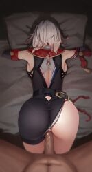 Rule 34 | 1boy, 1girl, absurdres, ass, back cutout, bed sheet, belt, black belt, black unitard, breasts, clothed female nude male, clothed sex, clothing cutout, dark-skinned male, dark skin, face in pillow, facing away, hetero, highres, honkai: star rail, honkai (series), hugging object, lying, medium breasts, multicolored hair, nude, on stomach, penis, pillow, pillow hug, pitespear, pov, pov crotch, red hair, sex, sideboob, solo focus, streaked hair, topaz (honkai: star rail), uncensored, unitard