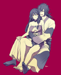 Rule 34 | 1boy, 1girl, :d, akke, bare legs, barefoot, black shorts, breasts, cleavage, closed mouth, collarbone, couple, eye contact, grey legwear, hair between eyes, hair over one eye, hair over shoulder, hand on another&#039;s knee, hetero, hug, hug from behind, japanese clothes, kimono, large breasts, limited palette, long hair, long sleeves, looking at another, low ponytail, open mouth, red background, rokurou rangetsu, short shorts, shorts, signature, simple background, sketch, smile, socks, soles, strapless, tales of (series), tales of berseria, torn clothes, torn shorts, velvet crowe, very long hair, white kimono, yellow eyes