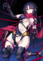 Rule 34 | 1girl, android, assisted exposure, bdsm, black hair, blank eyes, bondage, bound, breasts, broken, elbow gloves, fate/grand order, fate (series), full body, gloves, joints, katou danzou (fate), kodama yuu, long hair, mechanical parts, medium breasts, navel, robot, robot joints, scarf, solo, thighhighs, torn clothes