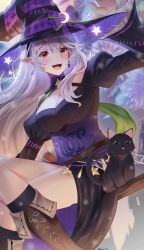 Rule 34 | 1girl, :d, black cat, black dress, black hat, breasts, broom, cat, cleavage, corrin (female) (fire emblem), corrin (fire emblem), doiparuni, dress, earrings, fire emblem, fire emblem fates, fire emblem heroes, grey hair, halloween, halloween costume, hat, highres, jewelry, large breasts, long hair, long sleeves, looking at viewer, nintendo, official alternate costume, open mouth, pointy ears, red eyes, smile, solo, very long hair, witch, witch hat