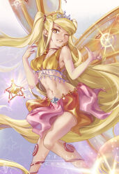 Rule 34 | abs, absurdly long hair, absurdres, bare shoulders, bikini, bikini top only, blonde hair, breasts, character name, elbow gloves, fairy, fairy wings, gloves, highres, long hair, looking at viewer, maigandayo, medium breasts, navel, one eye closed, orange bikini, orange eyes, orange lips, orange skirt, parted lips, pink skirt, skirt, smile, star (symbol), stella (winx club), swimsuit, tiara, two-tone skirt, two side up, very long hair, white gloves, wings, winx club