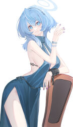 Rule 34 | 1girl, ako (blue archive), ako (dress) (blue archive), backless dress, backless outfit, black hairband, blue archive, blue eyes, blue hair, blue halo, blush, breasts, cleavage, closed mouth, cowboy shot, cuffs, dress, echj, fingernails, hair between eyes, hairband, halo, handcuffs, highres, large breasts, long hair, nail polish, official alternate costume, purple nails, sideboob, sleeveless, sleeveless dress, smile, solo